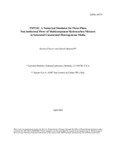 TMVOC, A Numerical Simulator for Three-Phase Non-isothermal Flows of Multicomponent Hydrocarbon Mixtures in Saturated-Unsaturated Heterogeneous Media