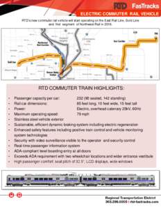 ELECTRIC COMMUTER RAIL VEHICLE RTD’s new commuter rail vehicle will start operating on the East Rail Line, Gold Line and first segment of Northwest Rail in[removed]RTD COMMUTER TRAIN HIGHLIGHTS: •