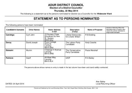 ADUR DISTRICT COUNCIL Election of a District Councillor Thursday, 22 May 2014 The following is a statement as to the persons nominated for election as a Councillor for the Widewater Ward  STATEMENT AS TO PERSONS NOMINATE