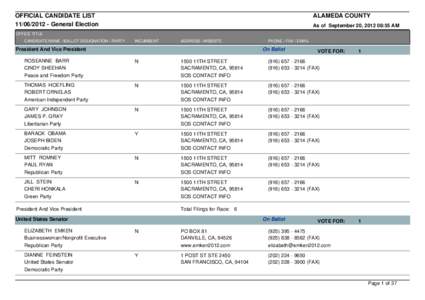 OFFICIAL CANDIDATE LIST[removed]General Election ALAMEDA COUNTY As of September 20, [removed]:55 AM