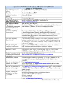 Space Grant FY2014 Community Colleges & Technical Schools Solicitation Summary of Key Information Expected budget for new Up to $500,[removed]year period of performance) awards Start Date