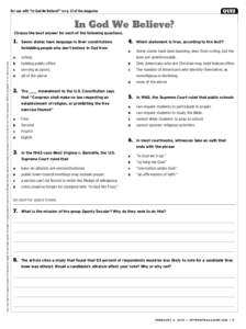 QUIZ  For use with “In God We Believe?” on p. 12 of the magazine In God We Believe? Choose the best answer for each of the following questions.