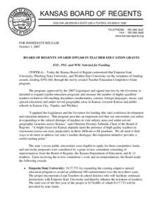 KANSAS BOARD OF REGENTS 1000 SW JACKSON • SUITE 520 • TOPEKA, KS[removed]TELEPHONE – [removed]FAX – [removed]www.kansasregents.org