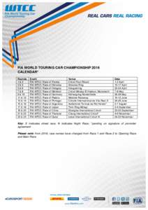    FIA WORLD TOURING CAR CHAMPIONSHIP 2016 CALENDAR* Rounds 1&2