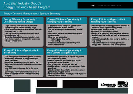 Australian Industry Group’s Energy Efficiency Assist Program Energy Demand Management - Episode Summary Energy Efficiency Opportunity 1:  Energy Efficiency Opportunity 2: