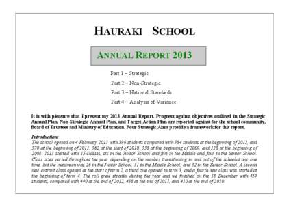 HAURAKI SCHOOL ANNUAL REPORT 2013 Part 1 – Strategic Part 2 – Non-Strategic Part 3 – National Standards Part 4 – Analysis of Variance