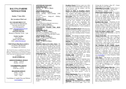 BALYNA PARISH NEWSLETTER Sunday, 1st June, 2014. The Ascension of The Lord FR. GERARD BREEN P.P[removed] &[removed]