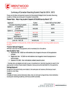    Summary of Canadian Boarding Student Fees for[removed]These are the fees and payment options for Brentwood College School Canadian Boarding students. All fees are to be paid in Canadian funds (CAD). Please Note -