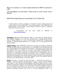 Please see the summary of a recently accepted manuscript on REBT for depression in youth. And congratulations to the lead author F. Iftene and the rest of the research team in Romania  REBT/CBT for Major Depression in Yo