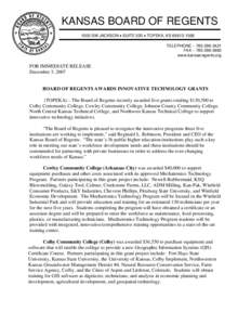 KANSAS BOARD OF REGENTS 1000 SW JACKSON • SUITE 520 • TOPEKA, KS[removed]TELEPHONE – [removed]FAX – [removed]www.kansasregents.org