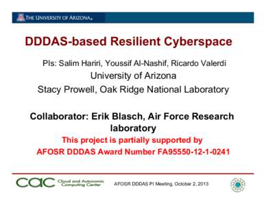 DDDAS-based Resilient Cyberspace PIs: Salim Hariri, Youssif Al-Nashif, Ricardo Valerdi University of Arizona Stacy Prowell, Oak Ridge National Laboratory Collaborator: Erik Blasch, Air Force Research