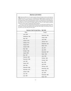 Business cycle timeline  T he chronology of the more or less regular recurrence of periods of economic expan-sion and contraction that make up the U.S. business cycle is maintained by the National Bureau of Economic Rese