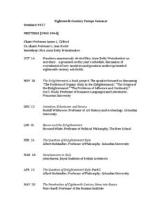 Eighteenth-­‐Century	
  Europe	
  Seminar	
   Seminar:	
  #417	
   	
   MEETINGS	
  (1963-­‐1964)	
   	
   Chair:	
  Professor	
  James	
  L.	
  Clifford	
  
