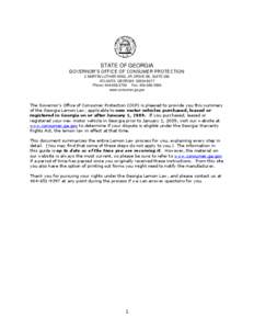 STATE OF GEORGIA GOVERNOR’S OFFICE OF CONSUMER PROTECTION 2 MARTIN LUTHER KING, JR. DRIVE SE, SUITE 356 ATLANTA, GEORGIA[removed]Phone: [removed]Fax: [removed]www.consumer.ga.gov