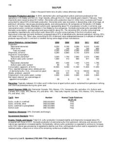 158  SULFUR (Data in thousand metric tons of sulfur unless otherwise noted) Domestic Production and Use: In 2012, elemental sulfur and byproduct sulfuric acid were produced at 109 operations in 26 States and the U.S. Vir