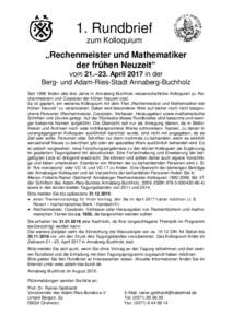 1. Rundbrief zum Kolloquium „Rechenmeister und Mathematiker der frühen Neuzeit“ vom 21.–23. April 2017 in der