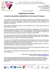 LES «OUBLIÉ-E-S» DE LA MÉMOIRE Association Civile Homosexuelle du Devoir de Mémoire Siège national : c/o Maison des Associations - BàL[removed], quai de Valmy[removed]PARIS Tél[removed]