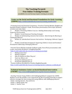 The Teaching Pyramid: Free Online Training Formats (available at no cost but may require creating an account) Center on the Social and Emotional Foundations for Early Learning (CSEFEL) http://csefel.vanderbilt.edu/resour