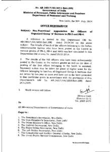 No. AB[removed]Estt.(RR) Government of India Ministry of Personnel, Public Grievances and Pensions Department of Personnel and Training New Delhi, the 30th July, 2014 OFFICE MEMORANDUM