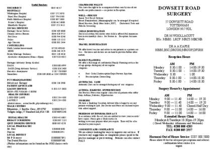 Useful Numbers NHS DIRECT HOSPITALS Whittington Hospital Royal Free Hospital North Middlesex Hospital