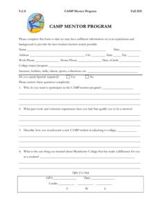 [removed]CAMP Mentor Program Fall 2011