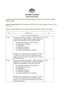 CONE BEAM COMPUTED TOMOGRAPHY (CBCT) CHANGES UNDER MEDICARE From 1 November 2014, CBCT dental items[removed]and[removed]will be replaced with items[removed]and[removed]What are the indications, fees and benefits associated wit