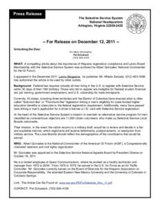 Press Release  The Selective Service System National Headquarters Arlington, Virginia[removed]