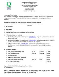 WARMINGTON PARISH COUNCIL Chairman : Mr D Short Clerk to the Council: Sarah Rodger Springside, 15 Station Road Nassington PE8 6QB Tel: [removed]