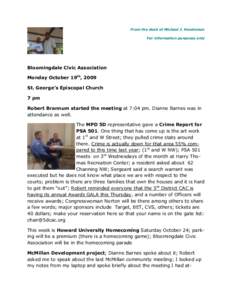 From the desk of Michael J. Henderson For information purposes only Bloomingdale Civic Association Monday October 19th, 2009 St. George’s Episcopal Church