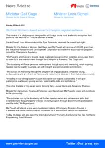 News Release Minister Gail Gago Minister Leon Bignell  Minister for the Status of Women