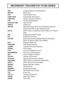 SECONDARY TEACHER PAY STUB CODES ADD Accidental Death and Dismemberment  BR/FEES