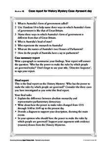Handout 19  Case report for History Mystery Case #present day 1 What is Australia’s form of government called? 2 Use Handout 18 to help name three ways in which Australia’s form