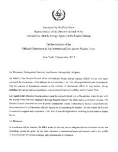 Statement by Geoffrey Shaw Representative of the Director General of the International Atomic Energy Agency to the United Nations On the occasion of the Official Observance of the International Day against Nuclear Tests