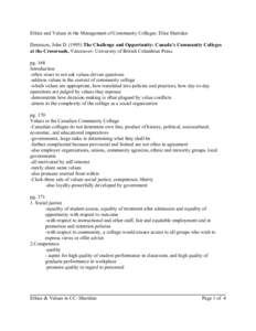 Ethics and Values in the Management of Community Colleges: Elise Sheridan Dennison, John DThe Challenge and Opportunity: Canada’s Community Colleges at the Crossroads, Vancouver: University of British Columbia