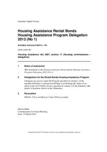 Australian Capital Territory  Housing Assistance Rental Bonds Housing Assistance Program Delegation[removed]No 1) Notifiable instrument NI2012—156