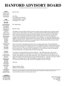 HANFORD ADVISORY BOARD A Site Specific Advisory Board, Chartered under the Federal Advisory Committee Act Advising: US Dept of Energy