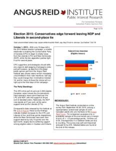 For Immediate Release Canadian Public Opinion Poll Page 1 of 18 Election 2015: Conservatives edge forward leaving NDP and Liberals in second-place tie