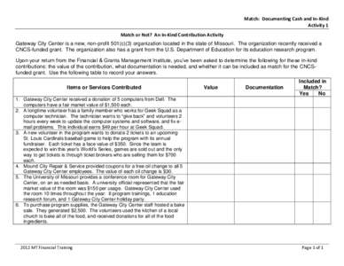 Match: Documenting Cash and In-Kind Activity 1 Match or Not? An In-Kind Contribution Activity Gateway City Center is a new, non-profit 501(c)(3) organization located in the state of Missouri. The organization recently re