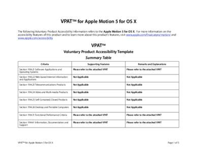 VPAT™ for Apple Motion 5 for OS X The following Voluntary Product Accessibility information refers to the Apple Motion 5 for OS X. For more information on the accessibility features of this product and to learn more ab