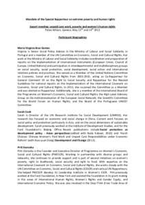 Mandate of the Special Rapporteur on extreme poverty and human rights Expert meeting: unpaid care work, poverty and women’s human rights Palais Wilson, Geneva, May 13th and 14th 2013 Participant Biographies  Maria Virg