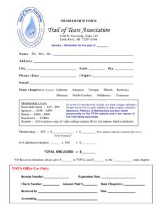 MEMBERSHIP FORM  Trail of Tears Association 1100 N. University, Suite 143 Little Rock, AR[removed]January – December for the year of