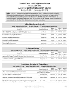 Alabama Real Estate Appraisers Board November 20, 2014 Approved Continuing Education Courses October 1, [removed]September 31, 2016 Note: This list is current only to the above referenced date. The below courses are listed