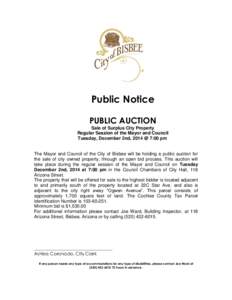 Public Notice PUBLIC AUCTION Sale of Surplus City Property Regular Session of the Mayor and Council Tuesday, December 2nd, 2014 @ 7:00 pm