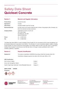 Independent Cement & Lime Pty Ltd  Safety Data Sheet Quickset Concrete Section 1: