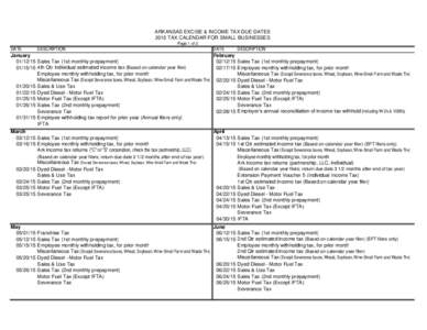 ARKANSAS EXCISE & INCOME TAX DUE DATES 2015 TAX CALENDAR FOR SMALL BUSINESSES Page 1 of 2 DATE DESCRIPTION