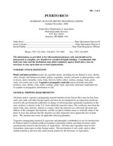 PR - 1 of 4  PUERTO RICO SUMMARY OF PLANT PROTECTION REGULATIONS Updated November, 2008 Puerto Rico Department of Agriculture