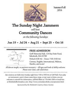 Summer/Fall 2016 Sunday Night Jam Sessions at Goff Memorial Hall