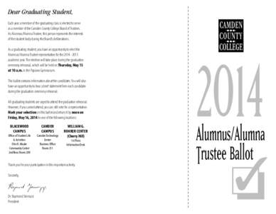 Dear Graduating Student, Each year a member of the graduating class is elected to serve as a member of the Camden County College Board of Trustees. As Alumnus/Alumna Trustee, this person represents the interests of the s