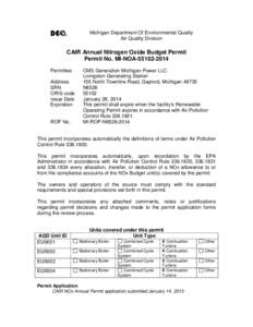 Michigan Department Of Environmental Quality Air Quality Division CAIR Annual Nitrogen Oxide Budget Permit Permit No. MI-NOA[removed]Permittee