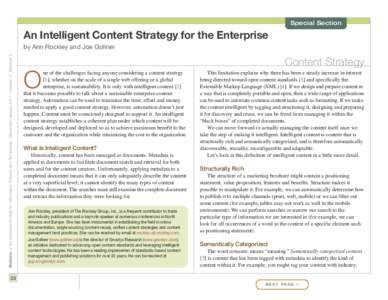 Special Section  An Intelligent Content Strategy for the Enterprise Bulletin of the American Society for Information Science and Technology – December/January 2011 – Volume 37, Number 2  by Ann Rockley and Joe Gollne